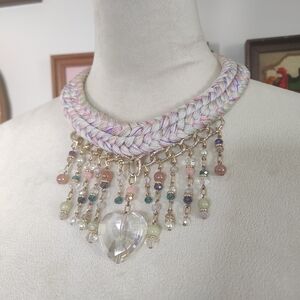 Braided Pastel Necklace with Crystal Heart Pendant